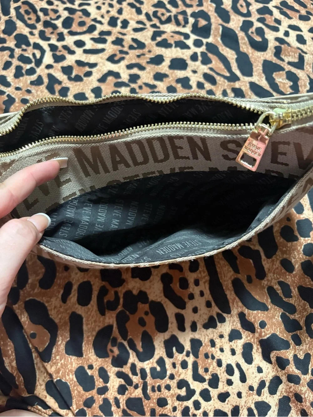 Steve Madden Brown Logo Crescent Shoulder Bag with Gold Hardware
